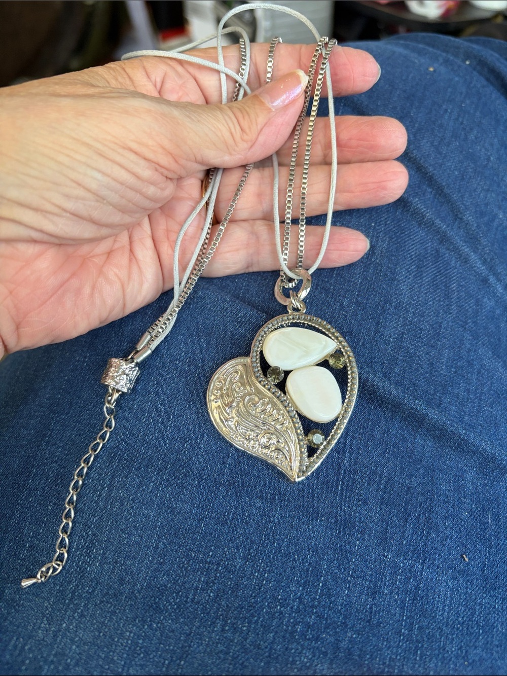 Silver Heart Pendant Necklace with Mother-of-Pearl Inlay.  12” long chain